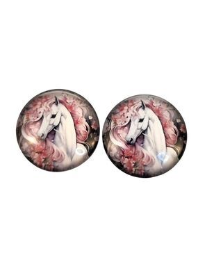 Set of 2 White Horse Glass Cabochons 1 Inch Round, Floral Dome Craft Supply for